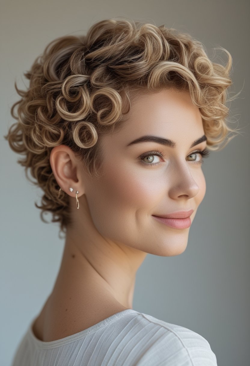 Cute Hairstyles for Short Curly Hair: 17 Stunning Ideas Woman with a short curly pixie haircut and tapered sides posing against a light background.