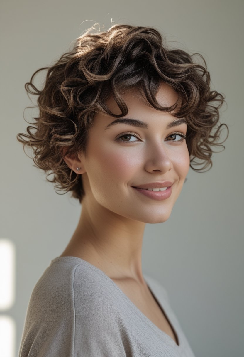 Cute Hairstyles for Short Curly Hair: 17 Stunning Ideas A woman with short curly hair and wispy bangs smiles at the camera.
