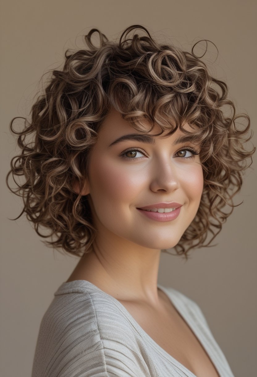 Cute Hairstyles for Short Curly Hair: 17 Stunning Ideas A woman with short, layered curly hair poses against a plain background.
