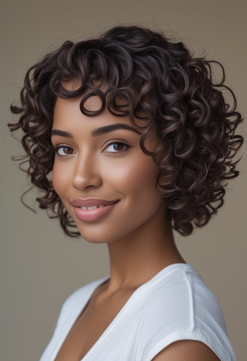 Cute Hairstyles for Short Curly Hair: 17 Stunning Ideas A smiling woman with a short curly mullet hairstyle poses against a light neutral background.