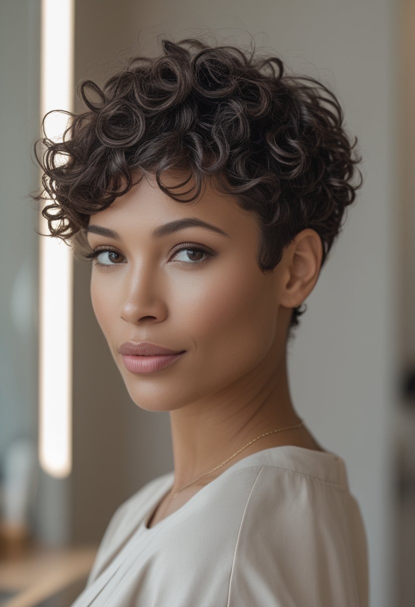 Cute Hairstyles for Short Curly Hair: 17 Stunning Ideas Woman with a short curly pixie haircut and baby bangs posing in a bright studio.