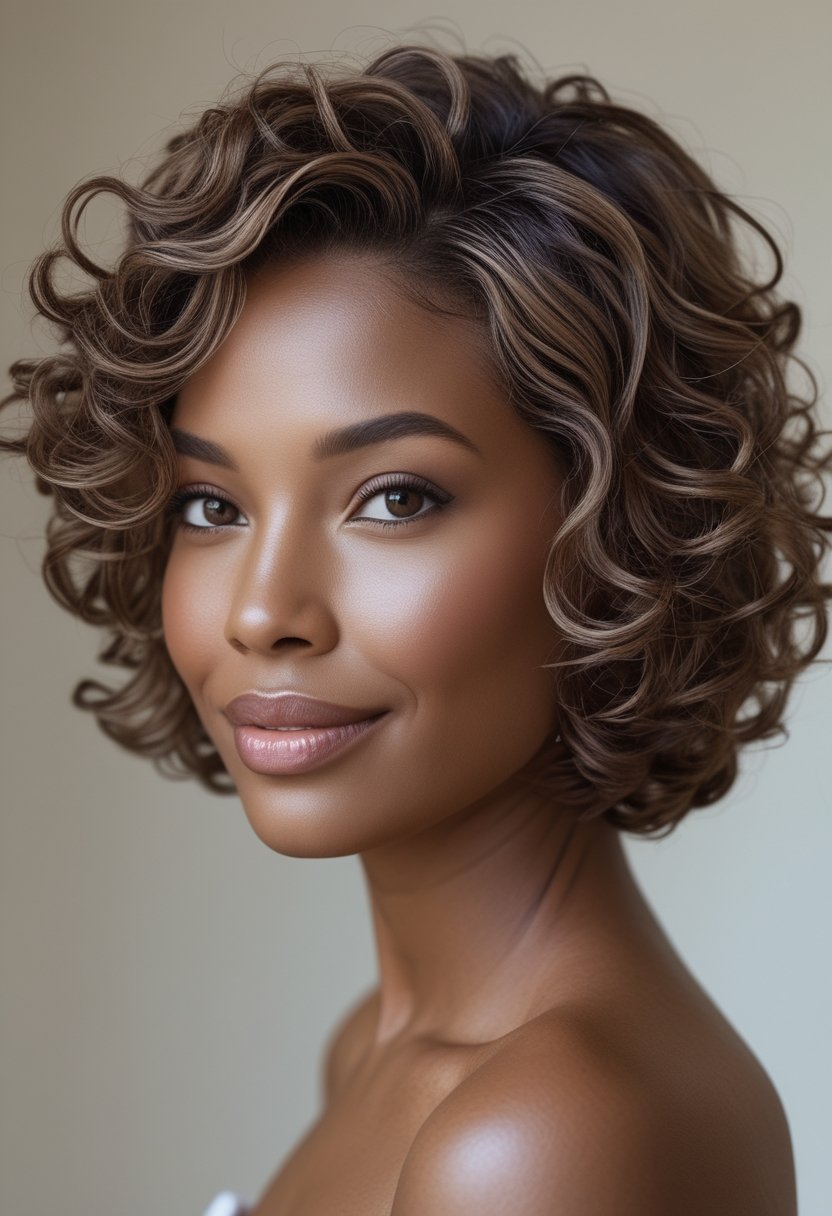 Cute Hairstyles for Short Curly Hair: 17 Stunning Ideas Woman with a short, voluminous layered curly bob hairstyle.