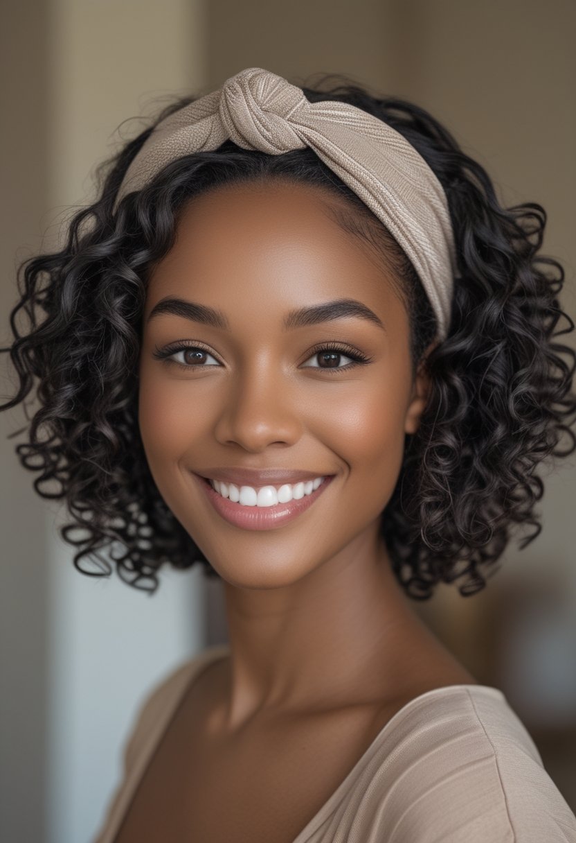 Cute Hairstyles for Short Curly Hair: 17 Stunning Ideas Woman with short curly hair wearing a headband.