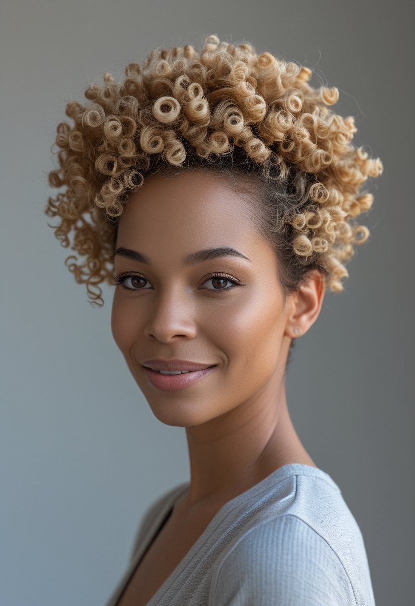 Cute Hairstyles for Short Curly Hair: 17 Stunning Ideas A woman with short curly hair styled in a rounded pineapple updo poses against a light background.