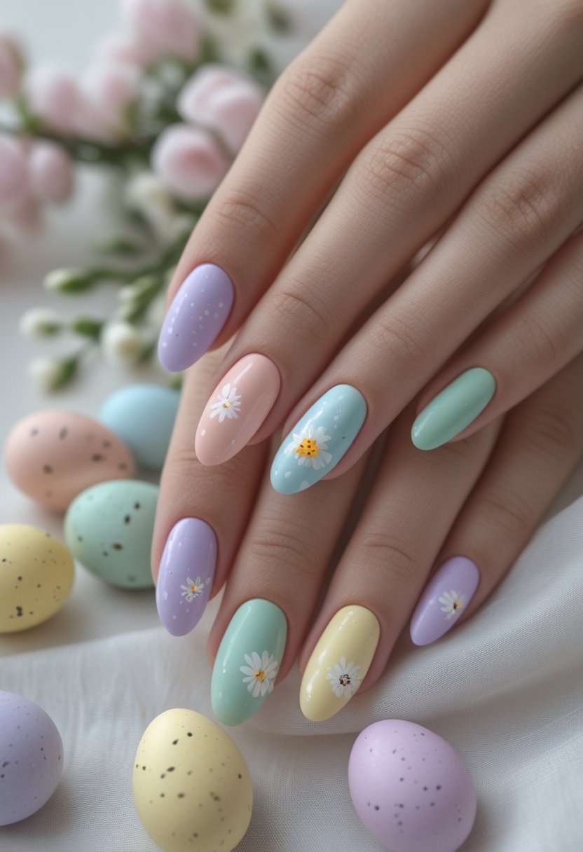 Hands displaying pastel Easter-themed nail art beside decorated eggs and spring flowers.