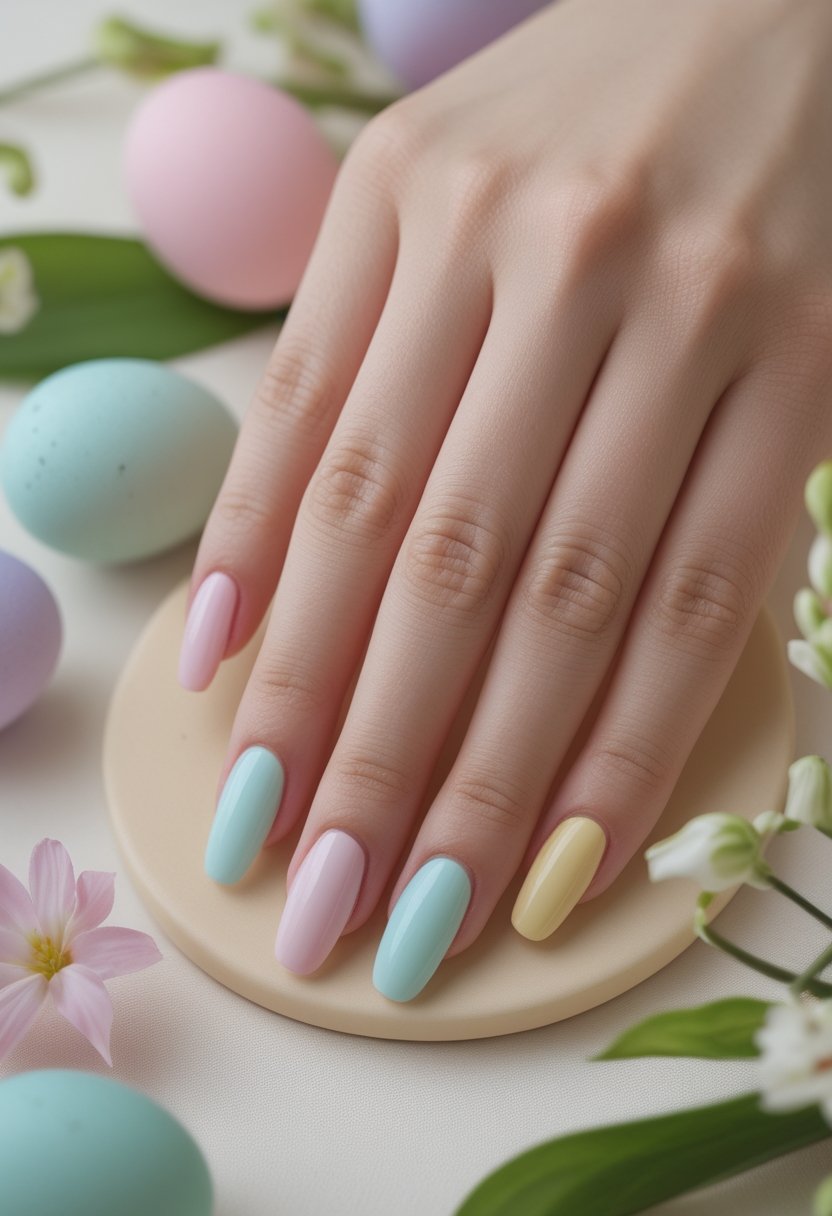 A hand with pastel French tip nails rests among soft spring flowers and colorful Easter eggs.