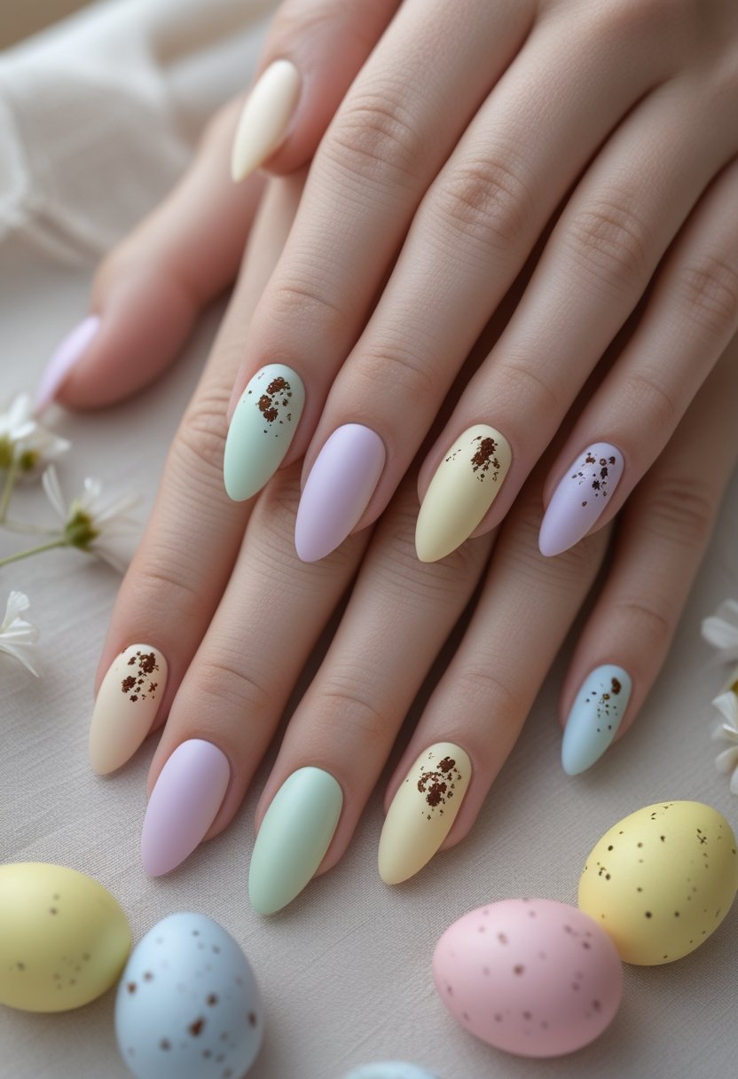 A pastel manicure with brown speckles beside decorated Easter eggs and spring flowers.
