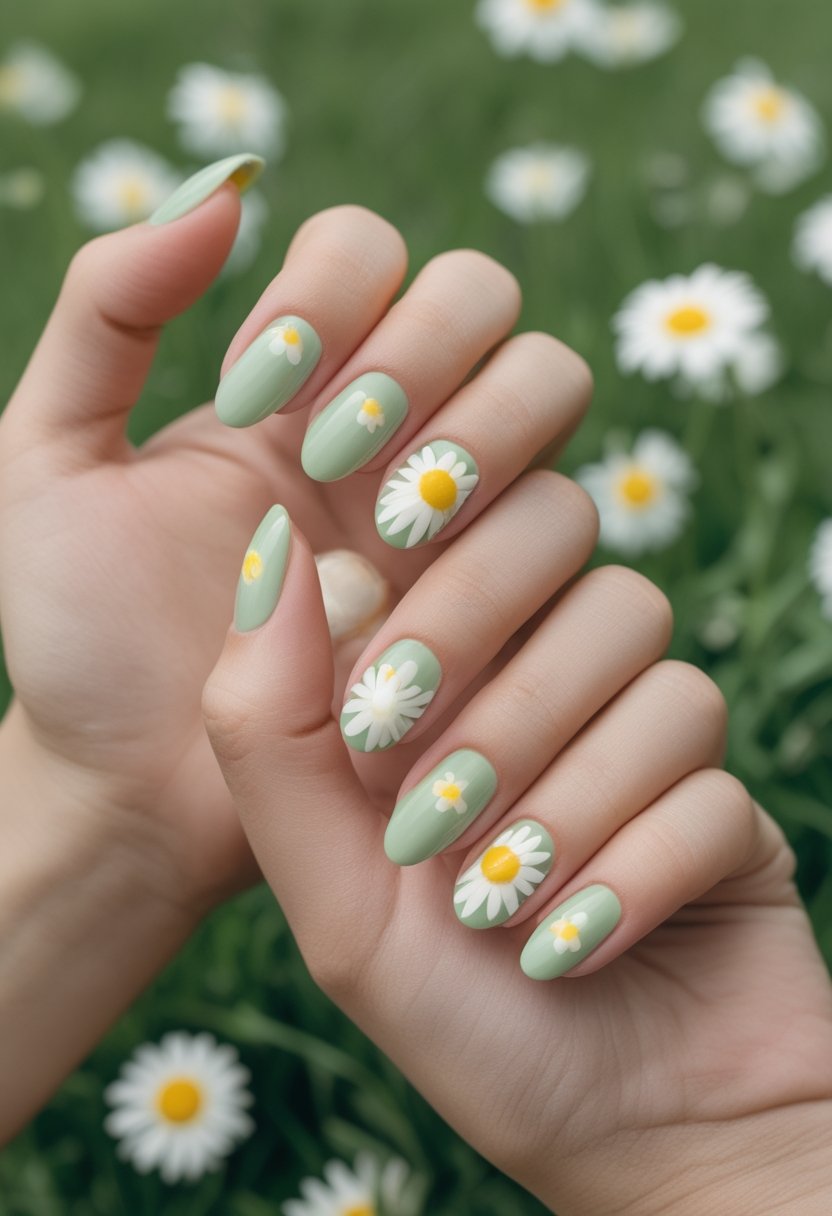 Hands with daisy-patterned pastel green Easter nail art resting in a spring meadow.