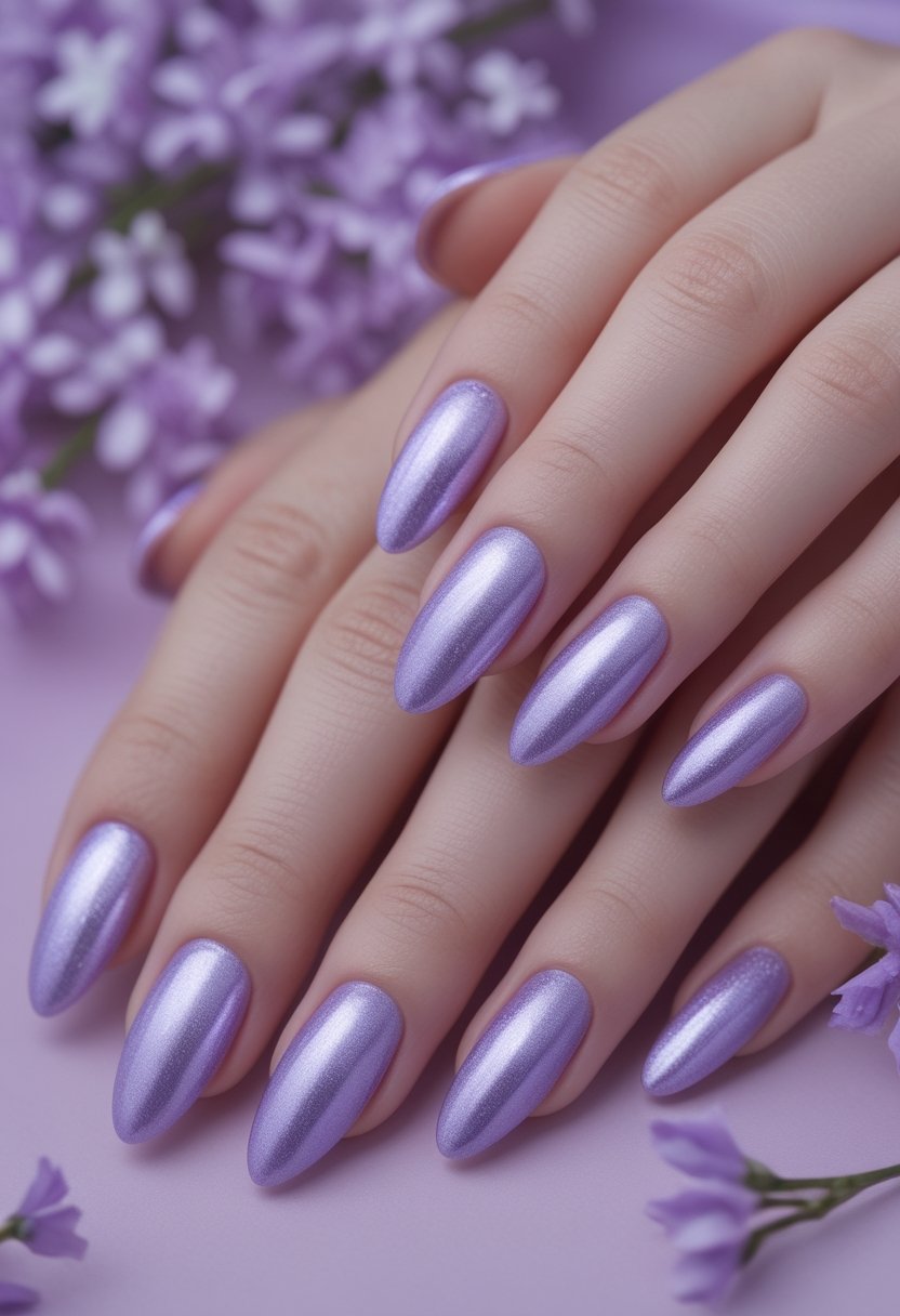 A close-up of hands with glossy lavender chrome almond-shaped nails.