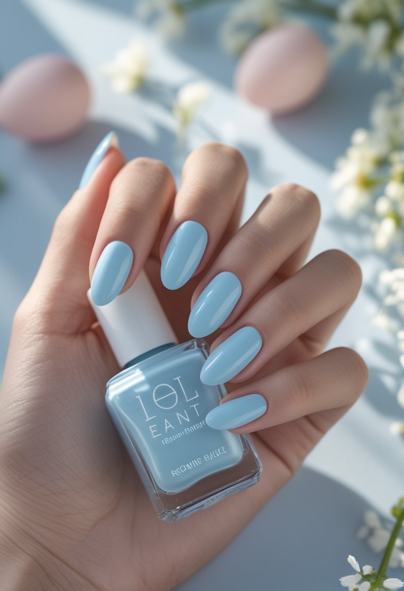 A manicured hand with pastel blue nails rests among spring flowers and pastel Easter eggs.