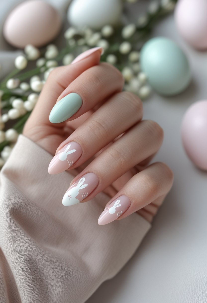 A hand displaying pastel Easter nails with delicate white bunny designs.