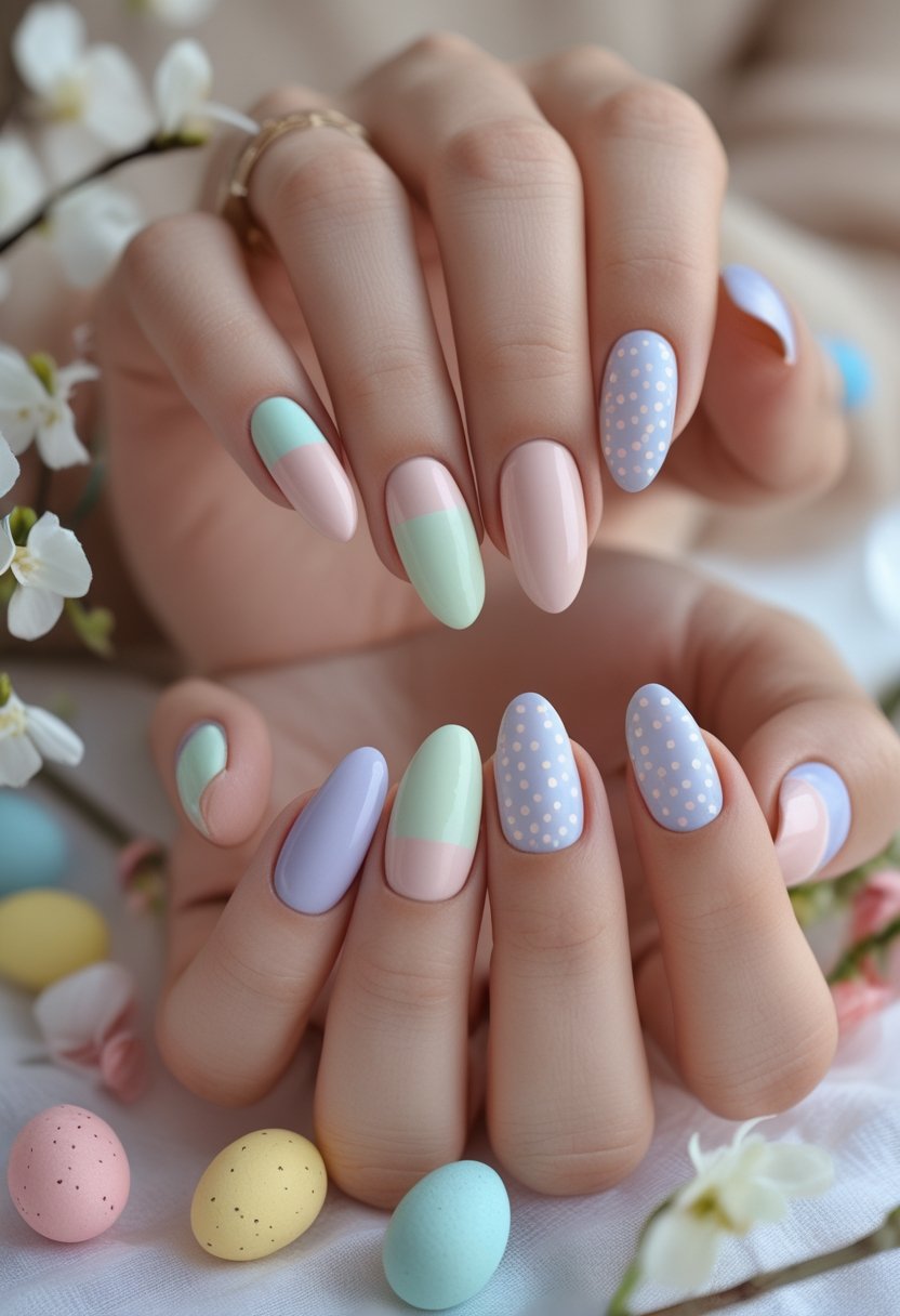 A hand with pastel polka-dot Easter nails resting beside decorated eggs and spring flowers.