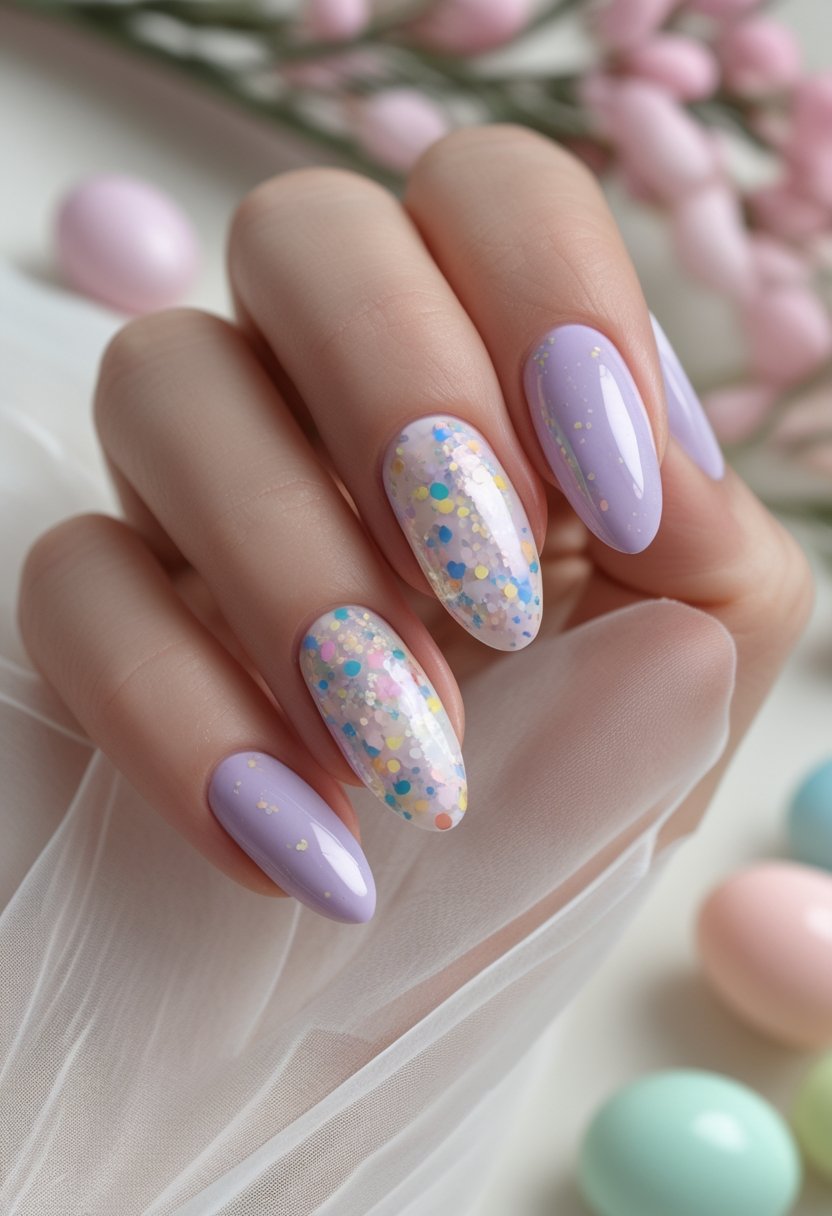 A manicured hand with pastel confetti glitter Easter nail designs.