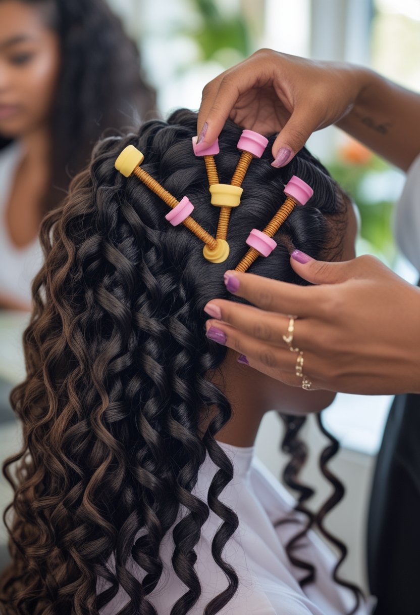 Flexi Rods on Natural Hair: 17 Stunning Styles That Turn Heads A Black woman has her natural hair sectioned and wrapped around colorful flexi rods.