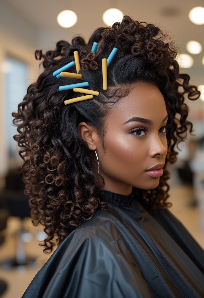 Flexi Rods on Natural Hair: 17 Stunning Styles That Turn Heads Black woman with stretched natural hair styled in sections with colorful flexi rods.