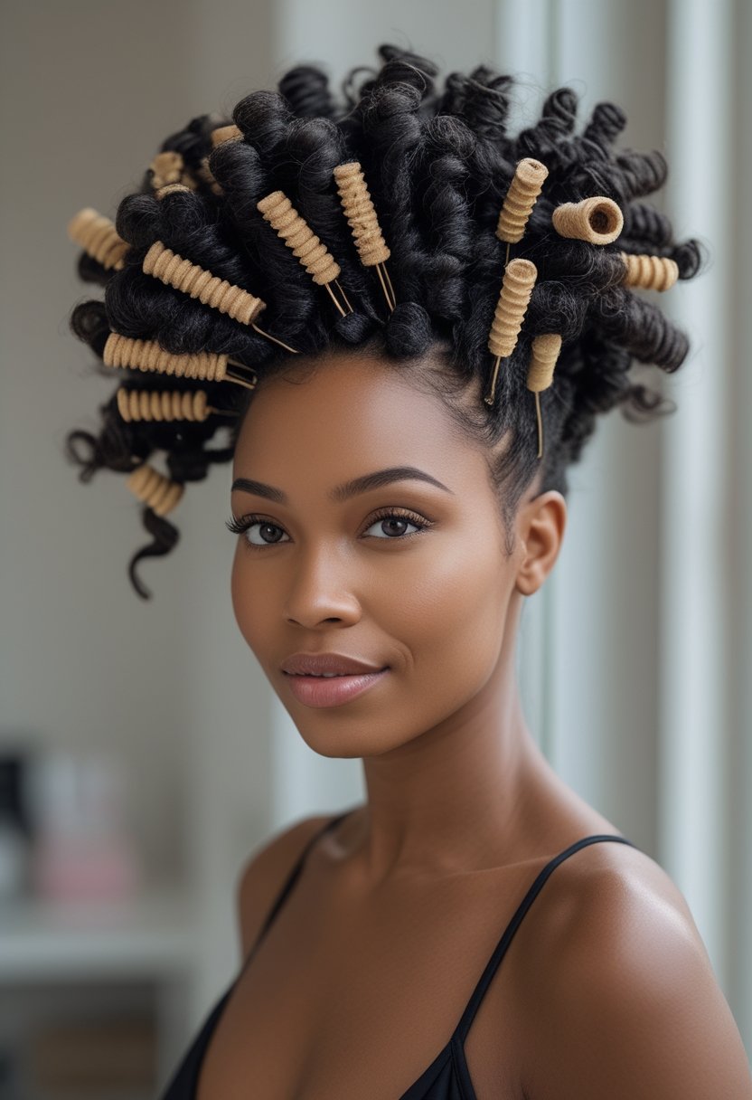 Flexi Rods on Natural Hair: 17 Stunning Styles That Turn Heads A woman with natural textured hair styled half up, with flexi rods wrapped around sections of her hair.