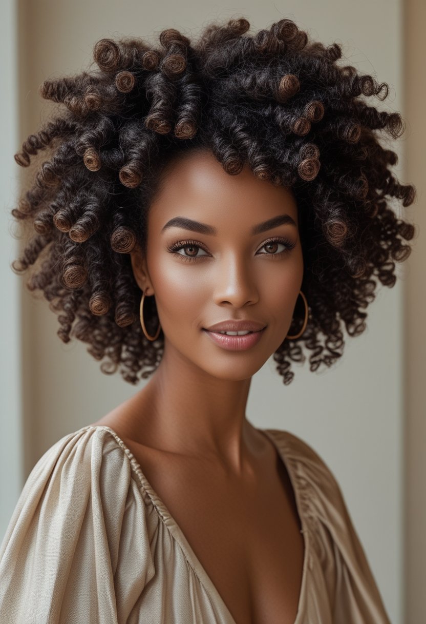 Flexi Rods on Natural Hair: 17 Stunning Styles That Turn Heads A woman with voluminous defined afro curls looks confidently at the camera.