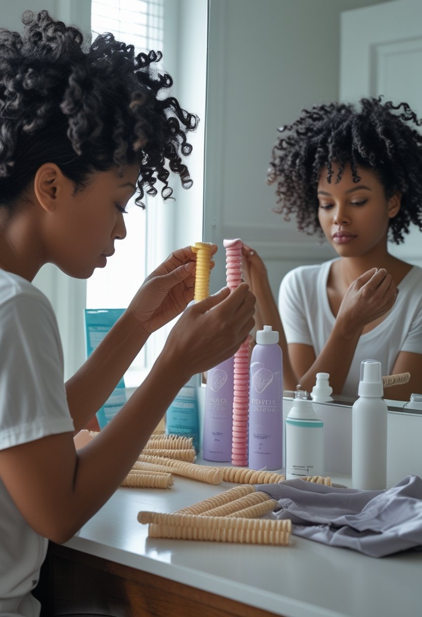Flexi Rods on Natural Hair: 17 Stunning Styles That Turn Heads Woman with natural coily hair wraps a damp section around a flexi rod while other rods are set in her hair.