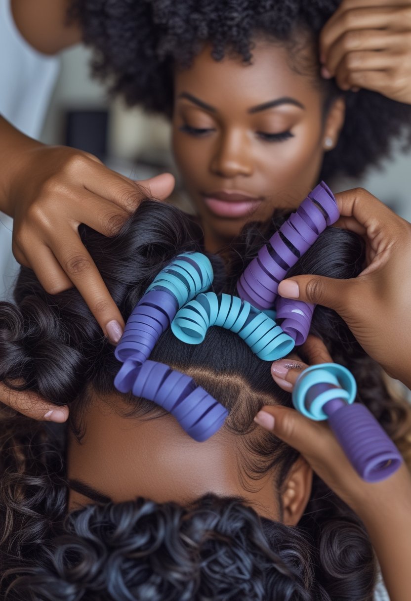 Flexi Rods on Natural Hair: 17 Stunning Styles That Turn Heads A Black woman has colorful flexi rods wrapped around sections of her natural hair.