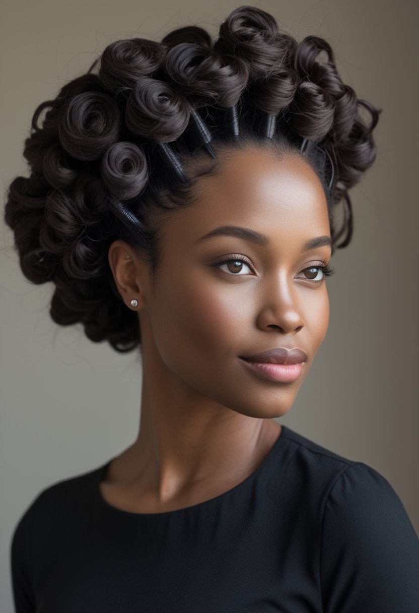 Flexi Rods on Natural Hair: 17 Stunning Styles That Turn Heads Woman with natural textured hair styled in a flexi-rod updo with pinned curls.