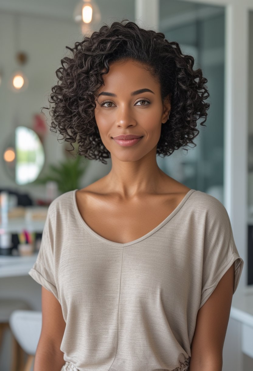 A smiling mother with curly hair styled in a polished updo stands in a bright modern home.