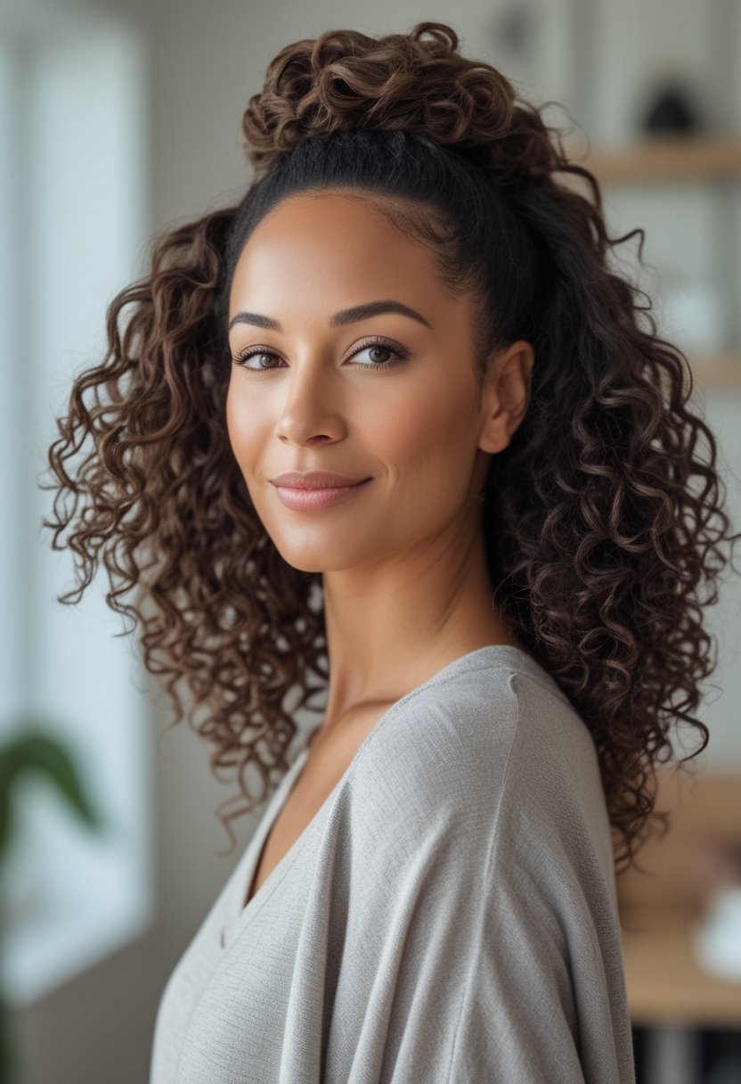 A smiling mother with curly hair styled in a half-up ponytail stands in a bright home.