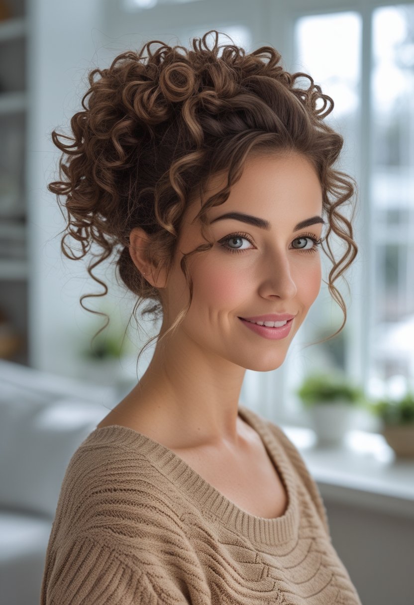 A mother with curly hair styled in a low bun stands in a bright home.