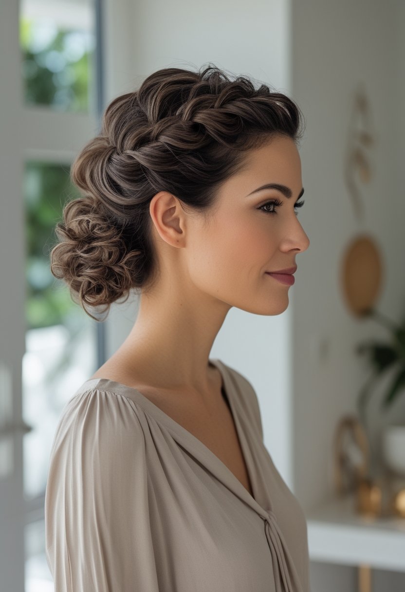 A mother with curly hair styled in an elegant twist at the back of her head.