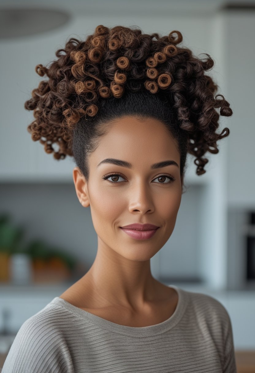 A woman with curly hair styled in a pineapple updo stands in a bright home.