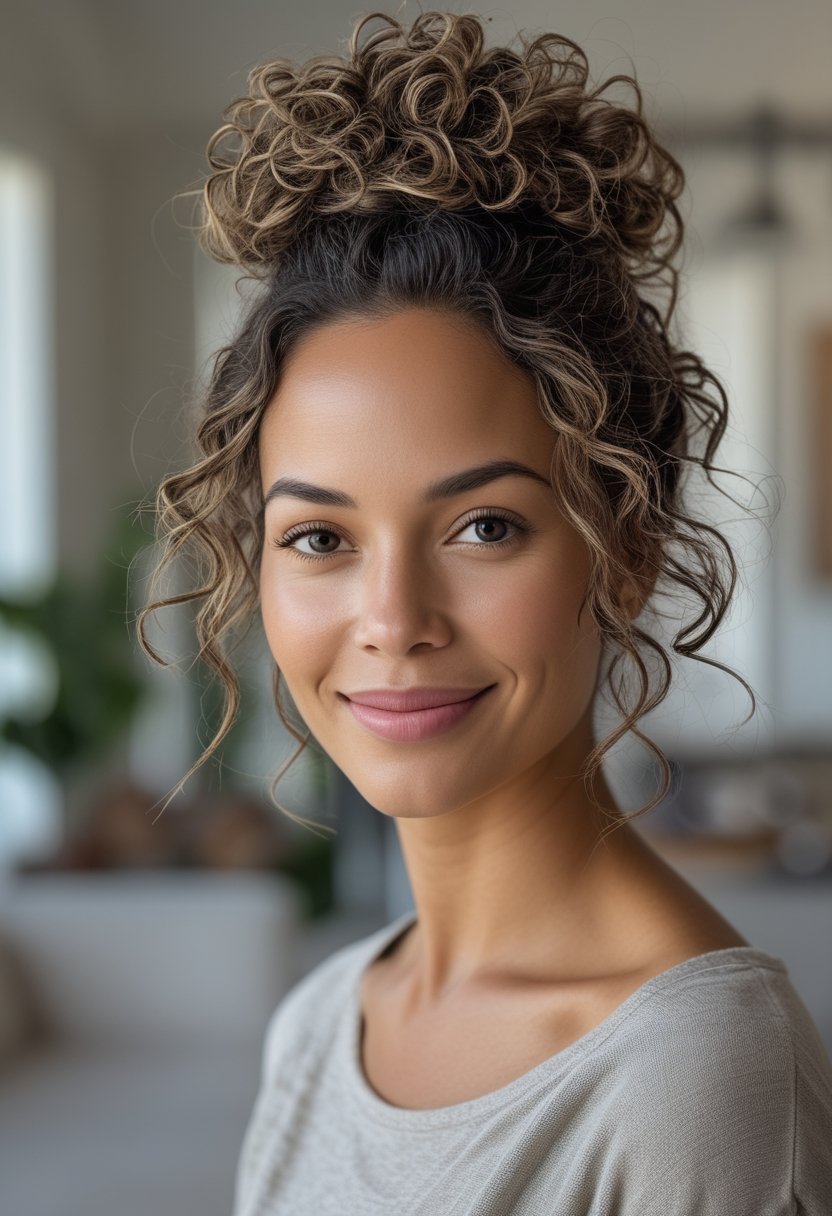 A mother with curly hair wears a loose topknot hairstyle at home.