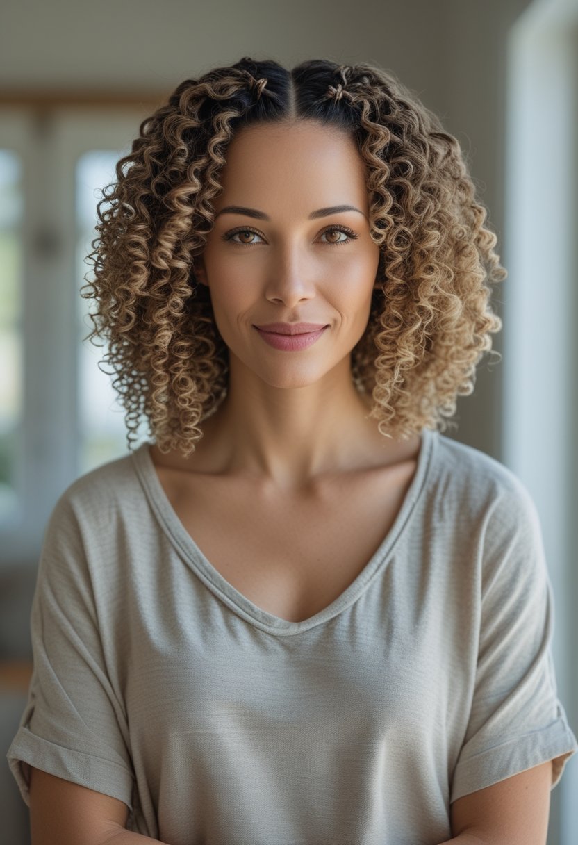 A mother with curly hair styled in two Dutch braids stands in a bright home.