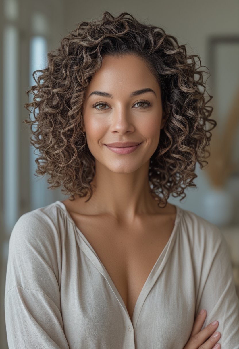 A mother with layered shoulder-length curly hair smiles in a bright home.