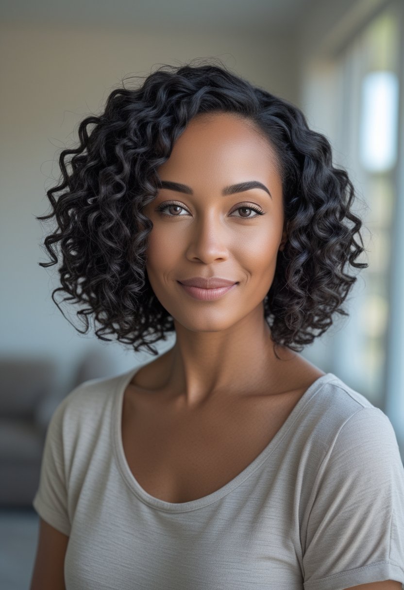 A smiling mother with a short curly bob and deep side part stands in a bright home.