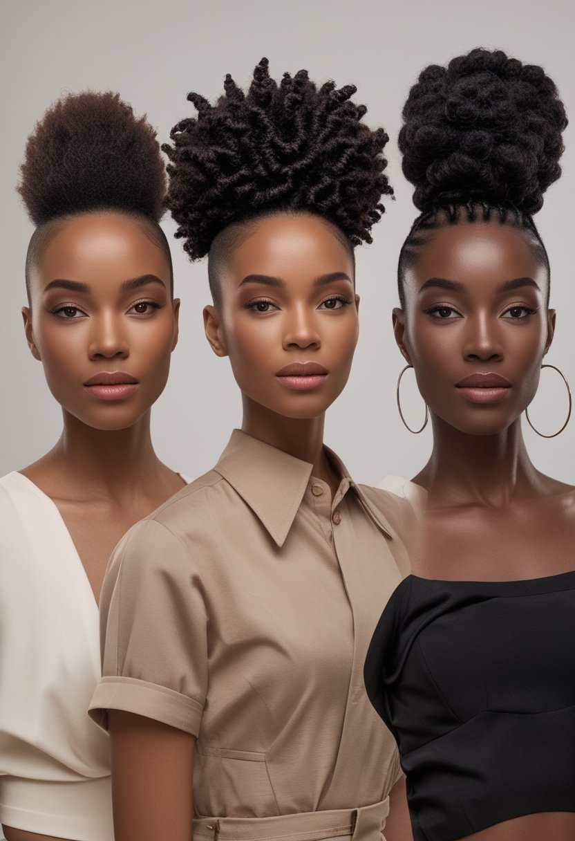 Three Black women display different mohawk hairstyles in a bright studio.