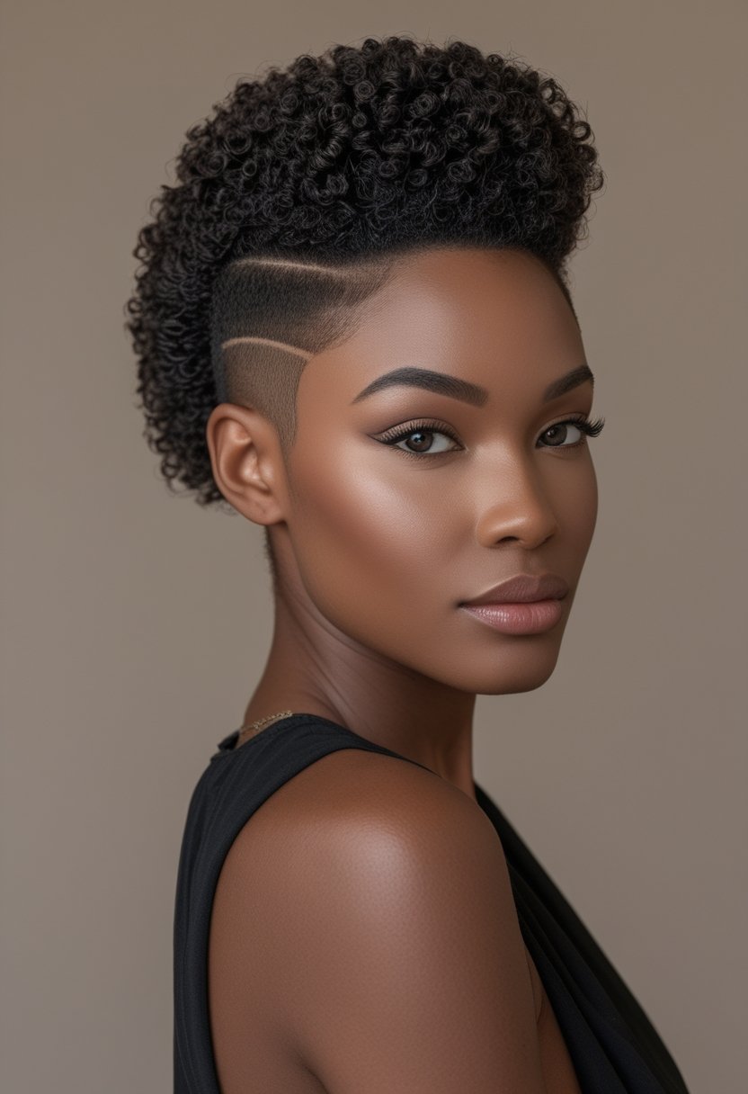 A woman with a voluminous curly mohawk and closely tapered sides poses against a neutral background.