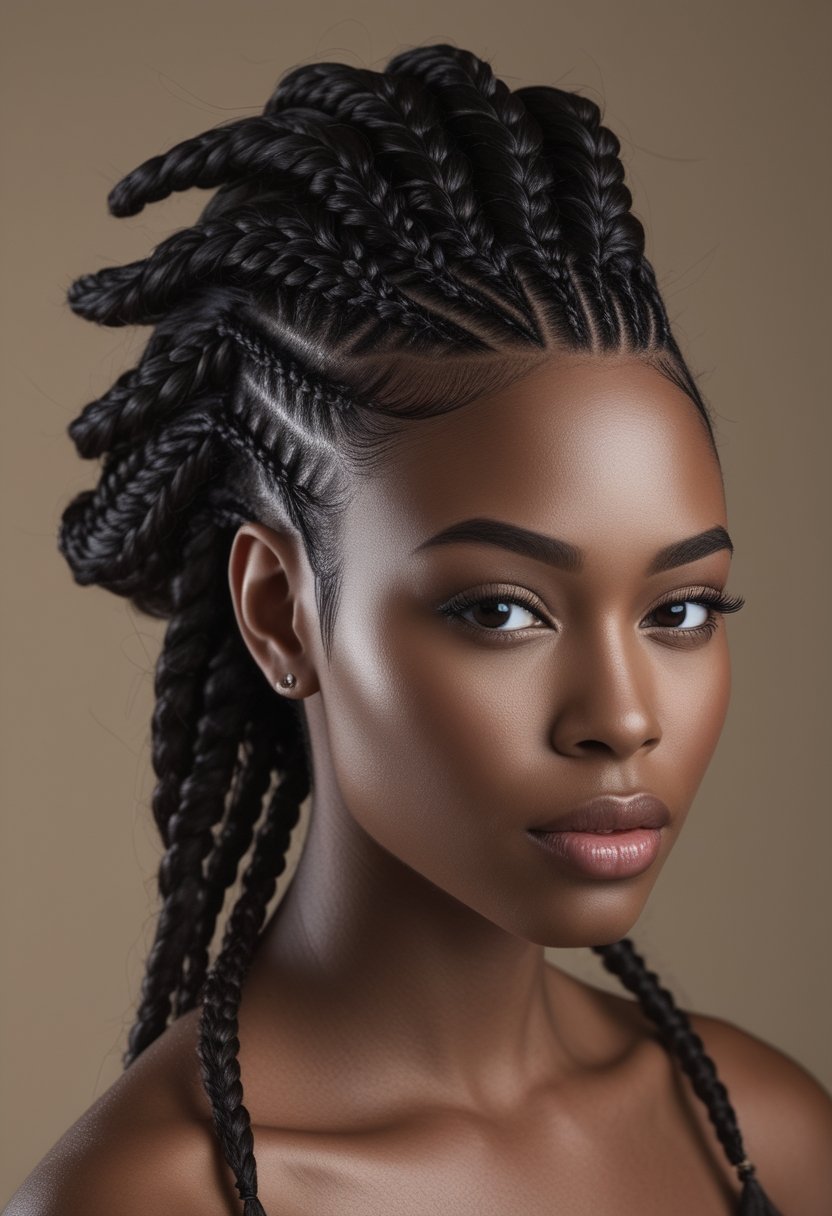 A Black woman wearing a braided faux hawk hairstyle with detailed cornrows.