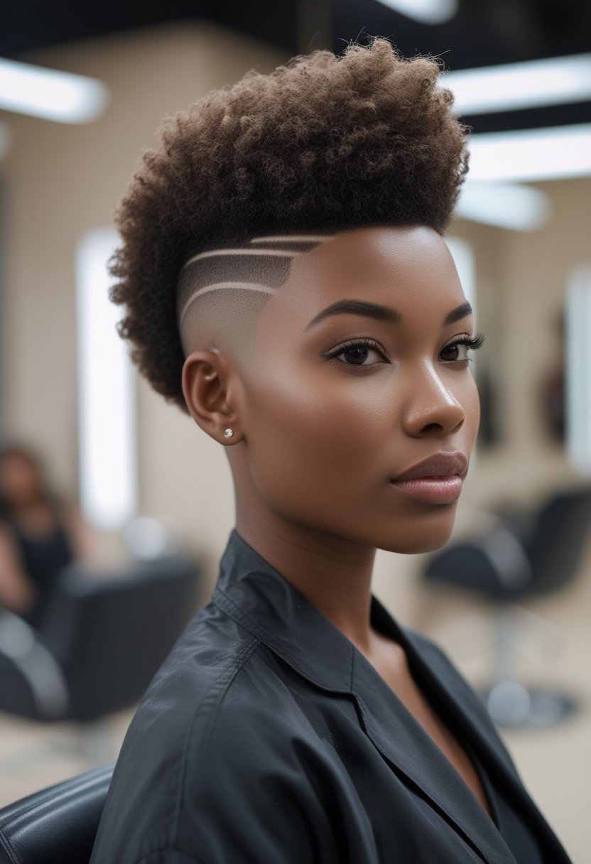 A Black woman with a sculpted mohawk, tapered sides, and shaved lines poses in a salon.
