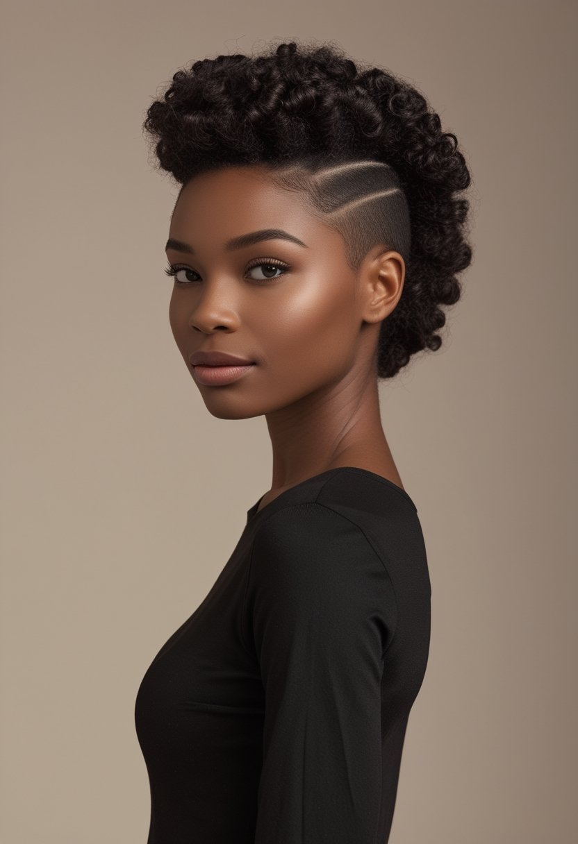 A woman with a sculpted twisted updo and raised central hairstyle poses against a plain background.