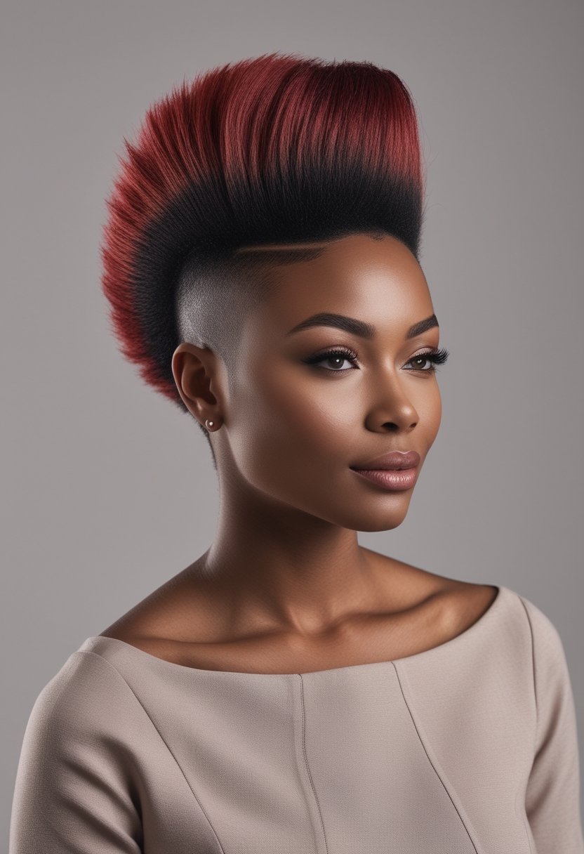A Black woman with a colorful mohawk hairstyle and burgundy tips poses against a plain background.