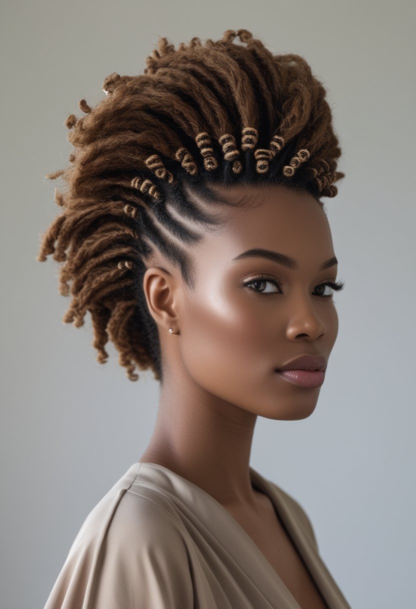 A Black woman poses with a twisted mohawk hairstyle decorated with small beads.