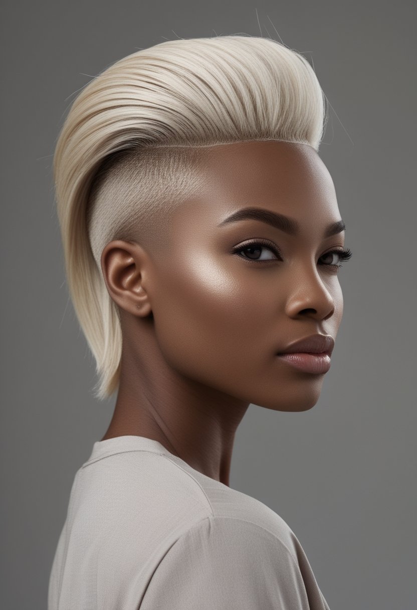 A confident Black woman with a platinum-blonde tapered mohawk poses against a plain background.