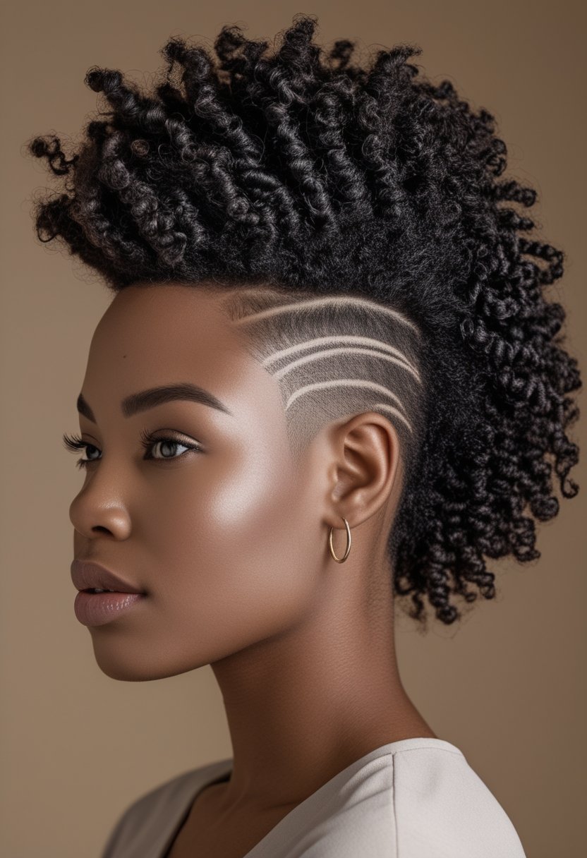 Black woman with a voluminous curly mohawk and shaved side designs.