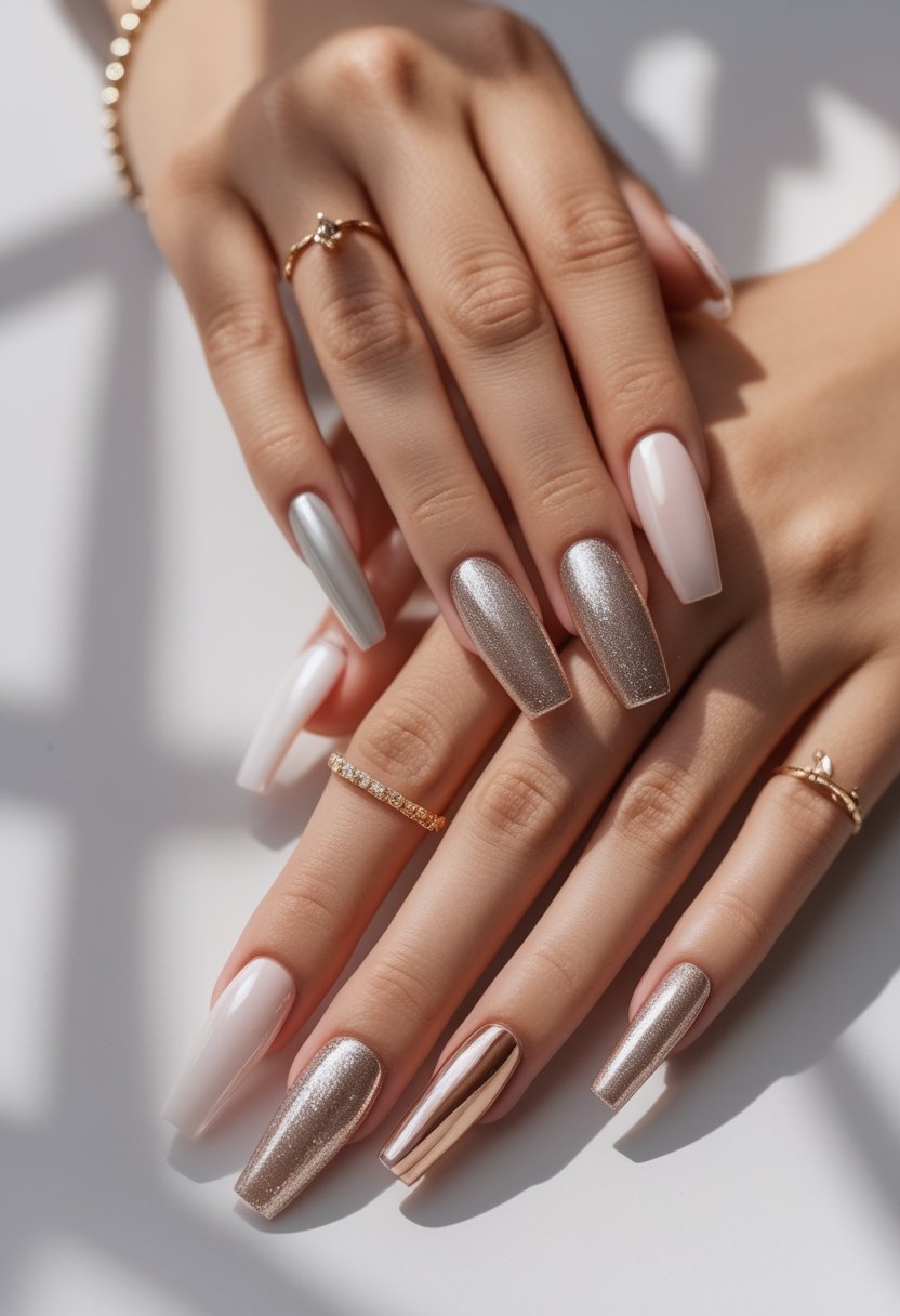 Manicured hands displaying several modern nail extension designs on a neutral surface.