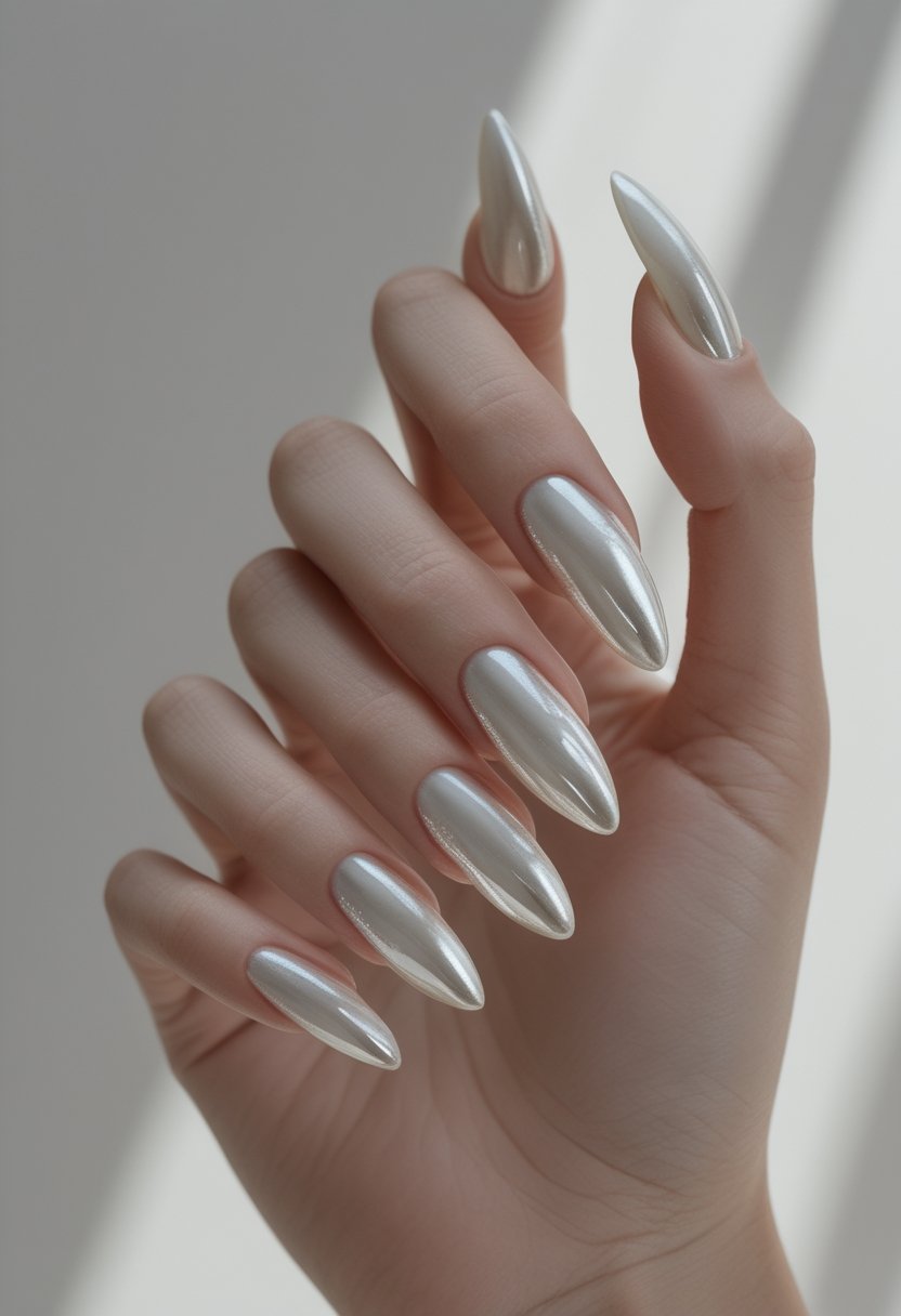 A hand displaying long almond-shaped milky chrome nail extensions.