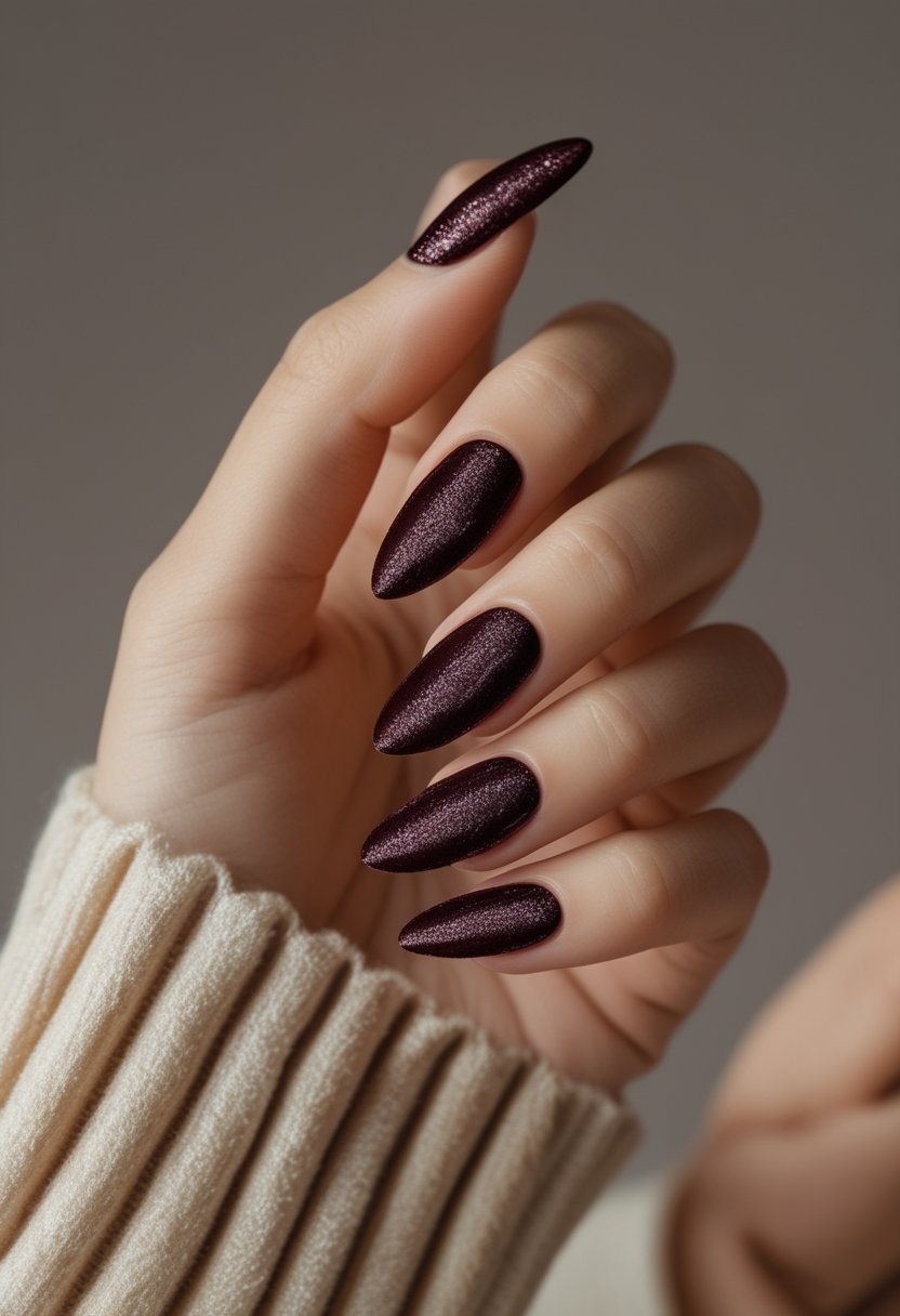A hand displaying long almond-shaped dark velvet cat-eye nail extensions.