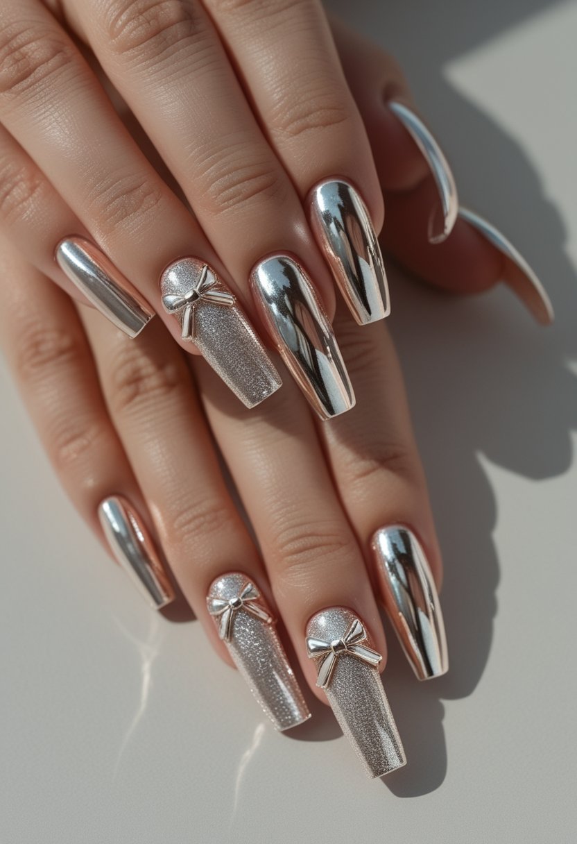A hand displays long metallic nail extensions decorated with raised chrome bows.