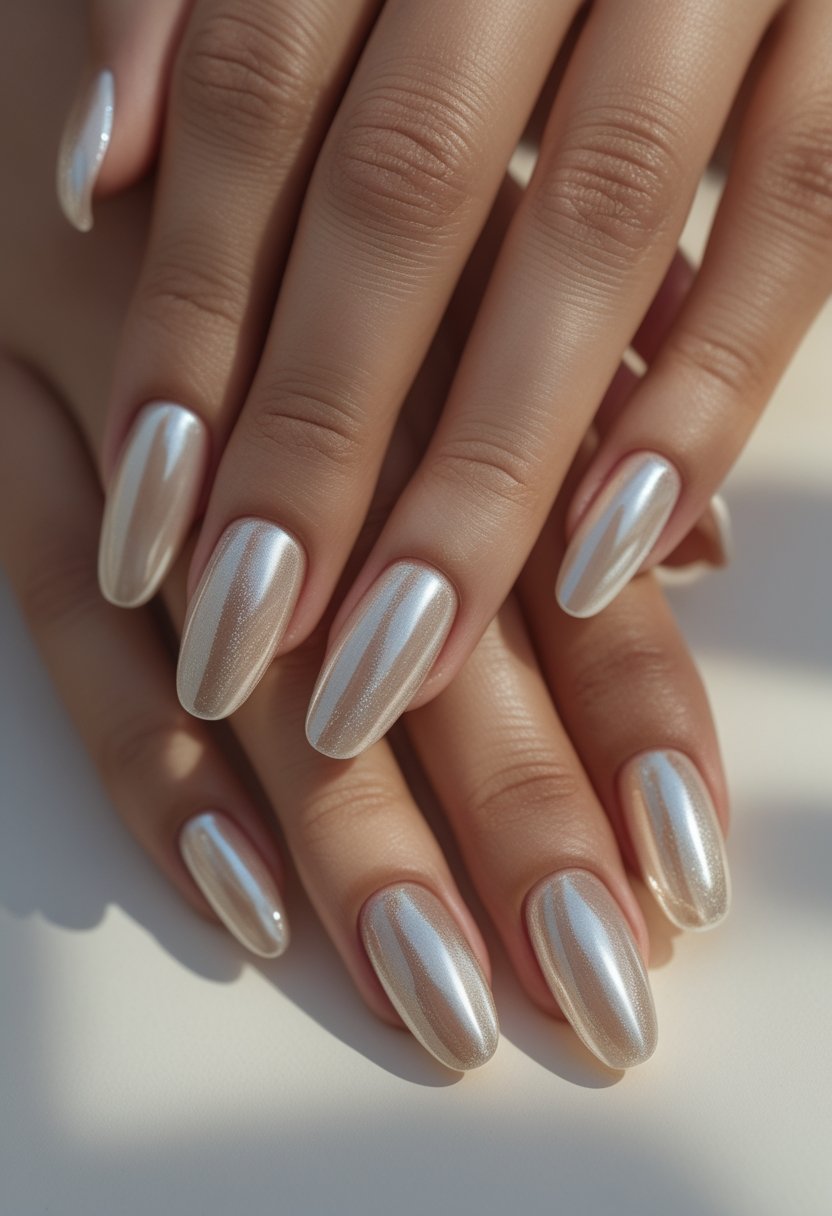 A person’s hands displaying glossy pearlescent oval nail extensions on a light background.