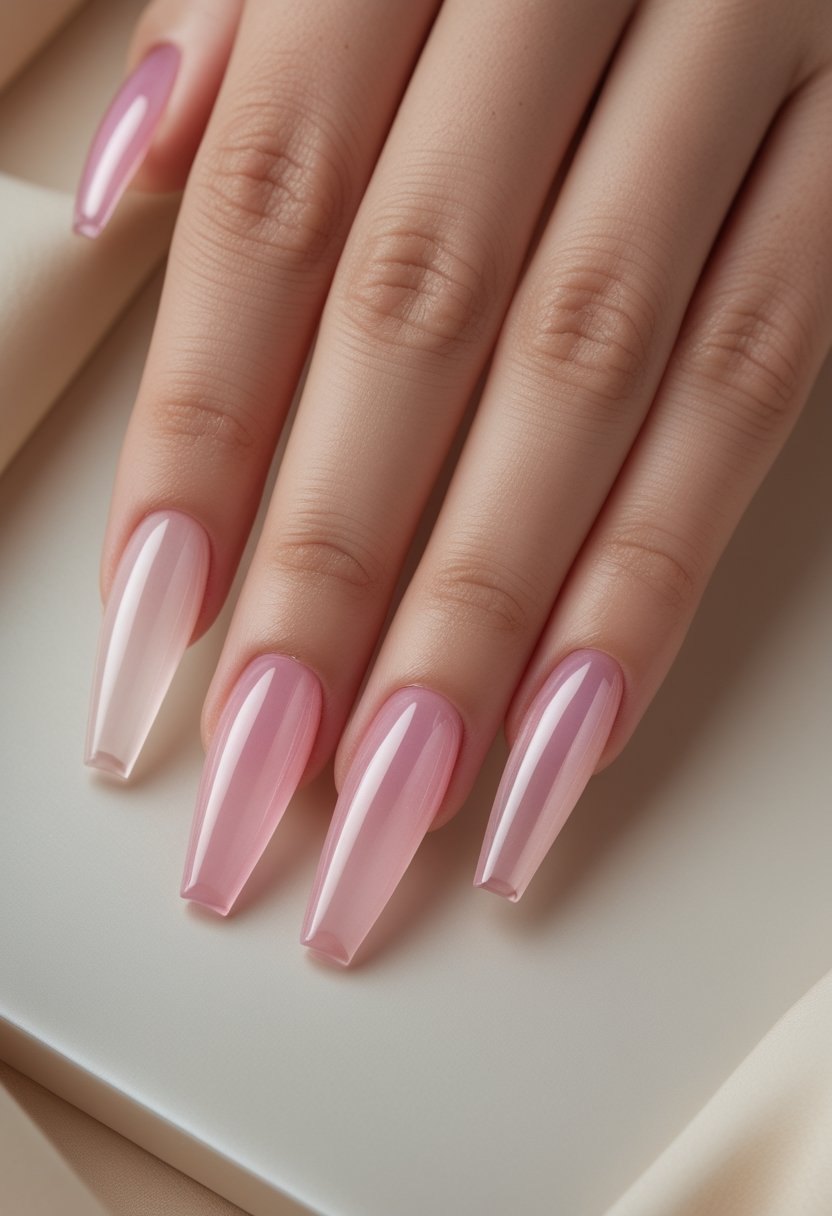 Hands with long glossy translucent pink coffin-shaped nail extensions resting on a pale surface.