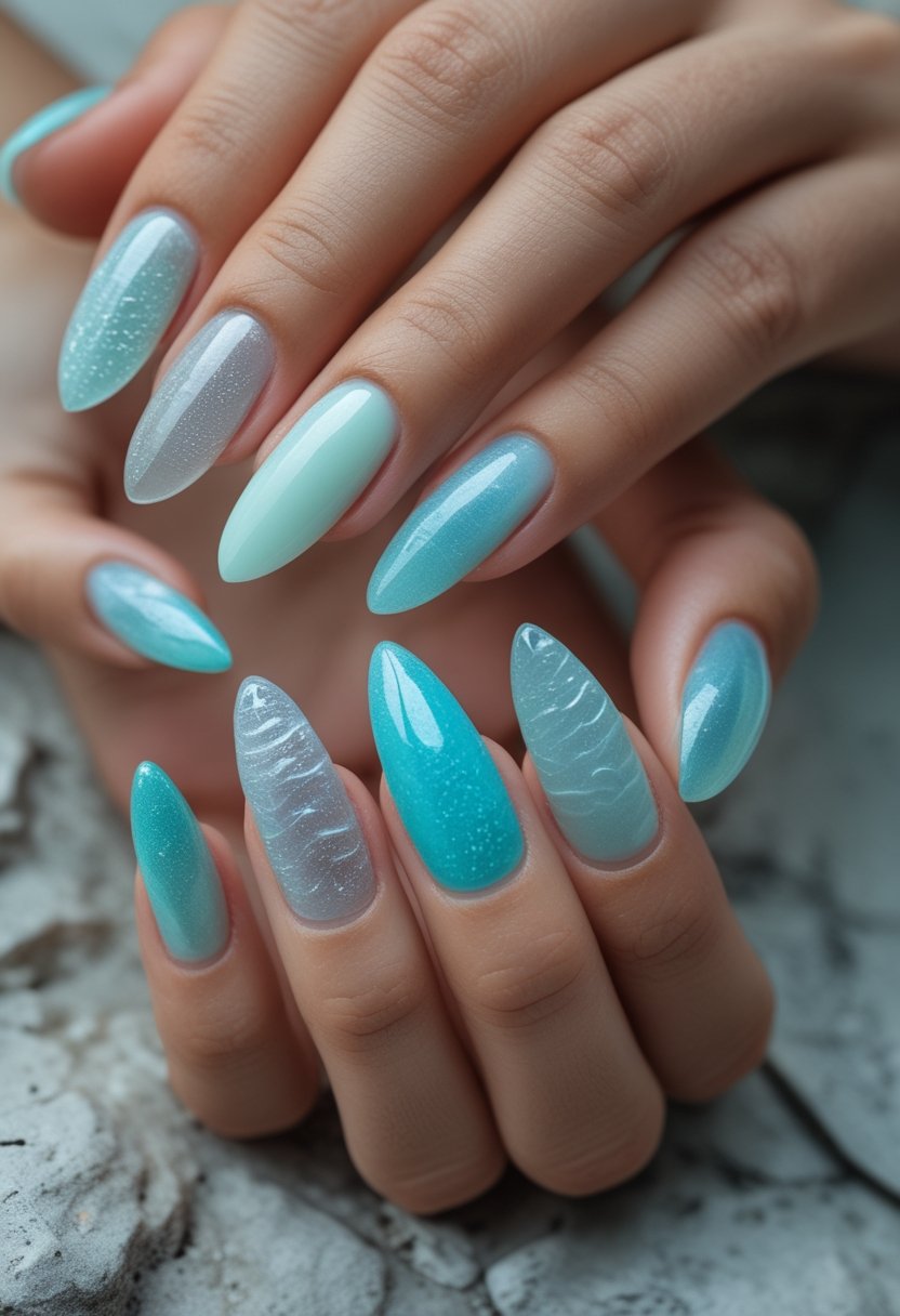 A hand with translucent aqua and mint sea-glass nail extensions resting on a pale stone surface.