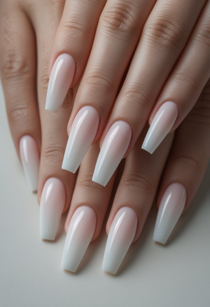 A hand displays long coffin-shaped nails with a soft nude-to-white gradient.